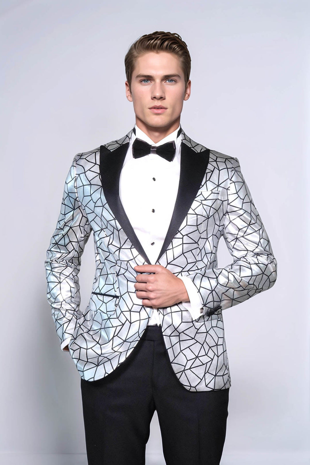 Приталенный серый мужской пиджак для выпускного черного цвета с рисунком - Wessi