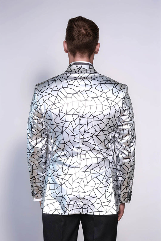 Slim Fit Black Patterned Grey Men Stage Performance Jacket - Wessi