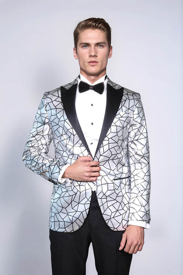 Slim Fit Black Patterned Grey Men Stage Performance Jacket - Wessi