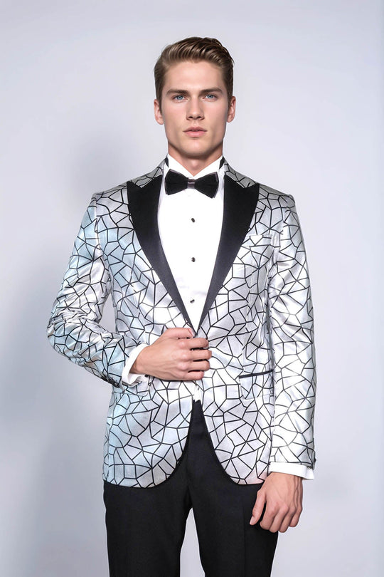 Slim Fit Black Patterned Grey Men Stage Performance Jacket - Wessi