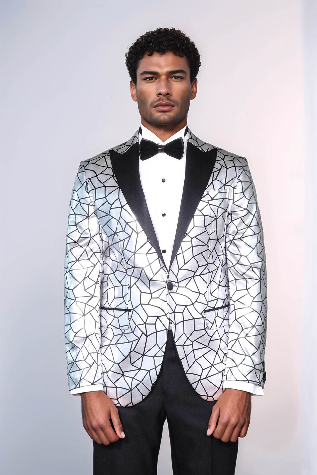 Slim Fit Black Patterned Grey Men Stage Performance Jacket - Wessi