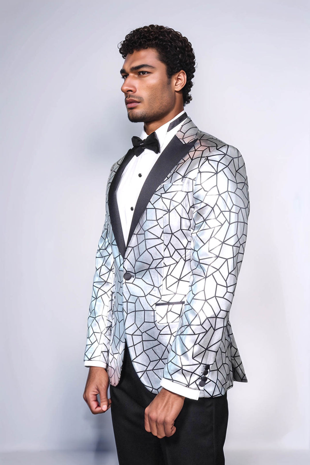 Slim Fit Black Patterned Grey Men Stage Performance Jacket - Wessi