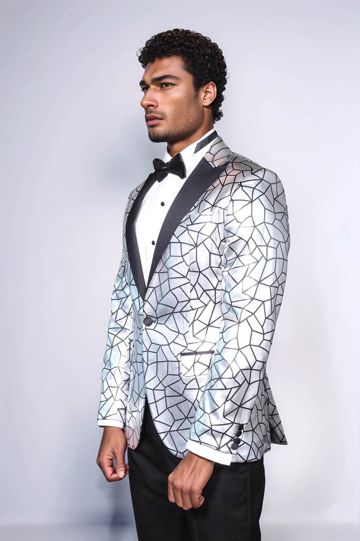 Slim Fit Black Patterned Grey Men Stage Performance Jacket - Wessi