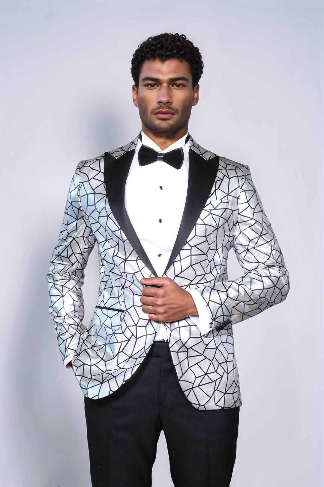 Slim Fit Black Patterned Grey Men Stage Performance Jacket - Wessi