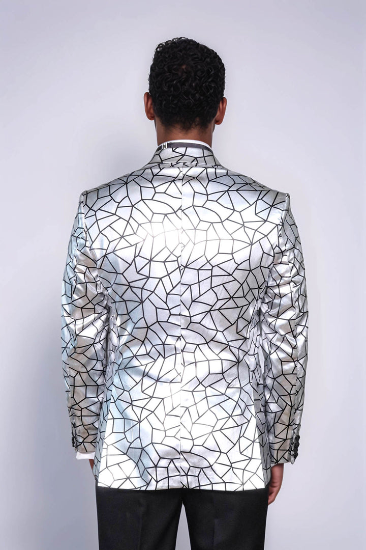 Slim Fit Black Patterned Grey Men Stage Performance Jacket - Wessi
