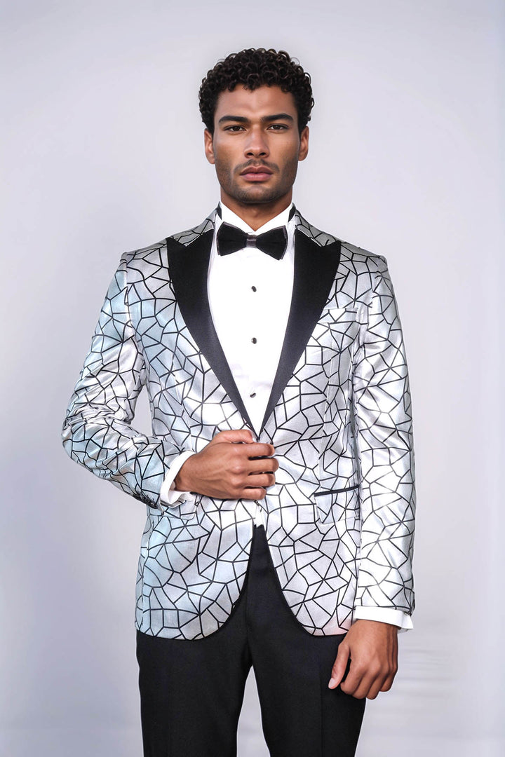 Slim Fit Black Patterned Grey Men Stage Performance Jacket - Wessi