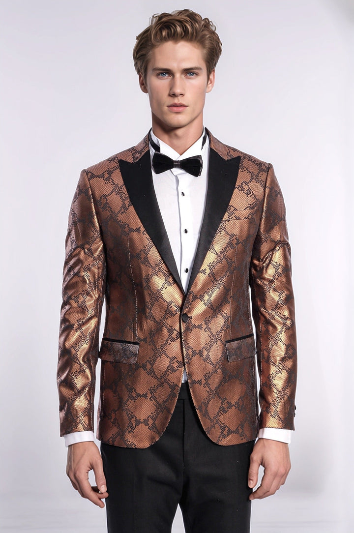 Patterned Slim Fit Brown Men Stage Tuxedo Blazer - Wessi