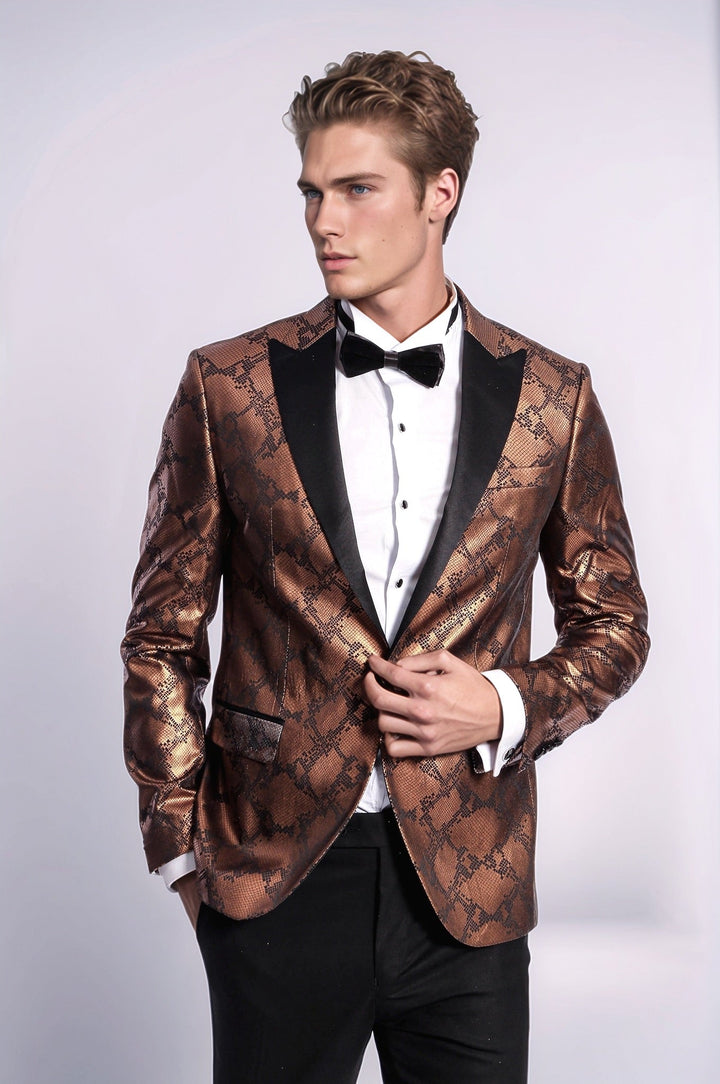 Patterned Slim Fit Brown Men Stage Tuxedo Blazer - Wessi