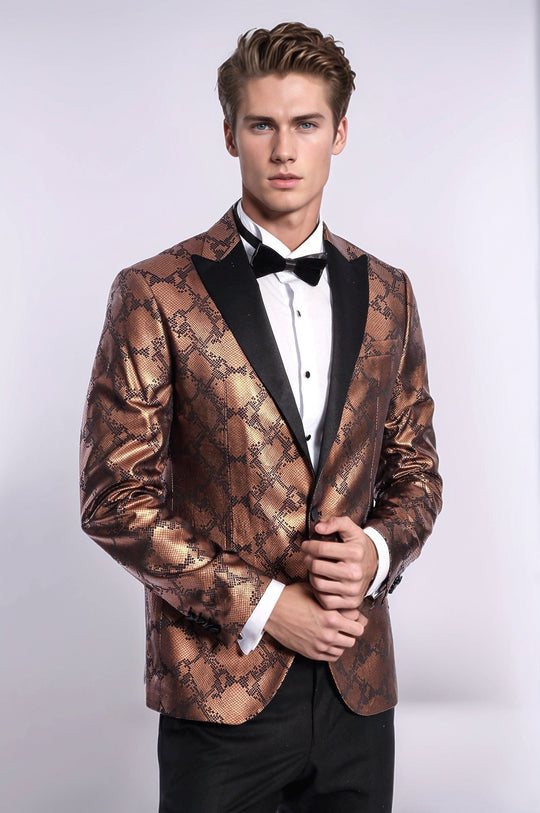 Patterned Slim Fit Brown Men Stage Tuxedo Blazer - Wessi