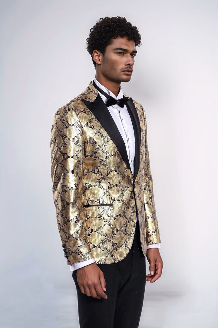 Patterned Slim Fit Gold Men Stage Performance Jacket - Wessi