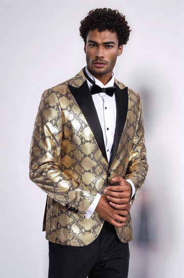 Patterned Slim Fit Gold Men Stage Performance Jacket - Wessi