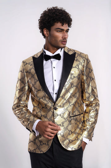 Patterned Slim Fit Gold Men Stage Performance Jacket - Wessi
