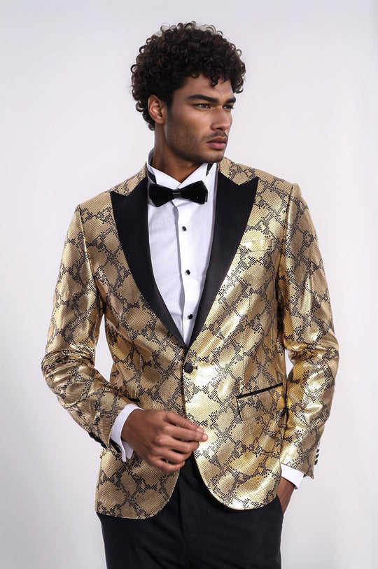 Patterned Slim Fit Gold Men Stage Performance Jacket - Wessi