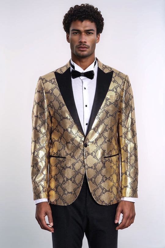 Patterned Slim Fit Gold Men Stage Performance Jacket - Wessi