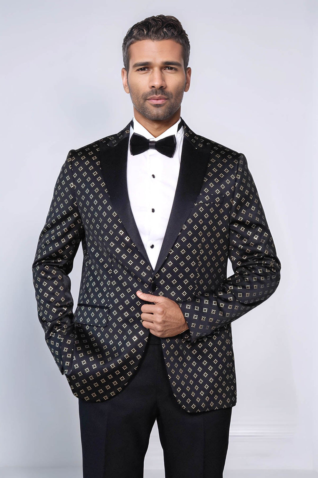 Gold Diamond Pattern Over Black Tuxedo Blazer - Wessi