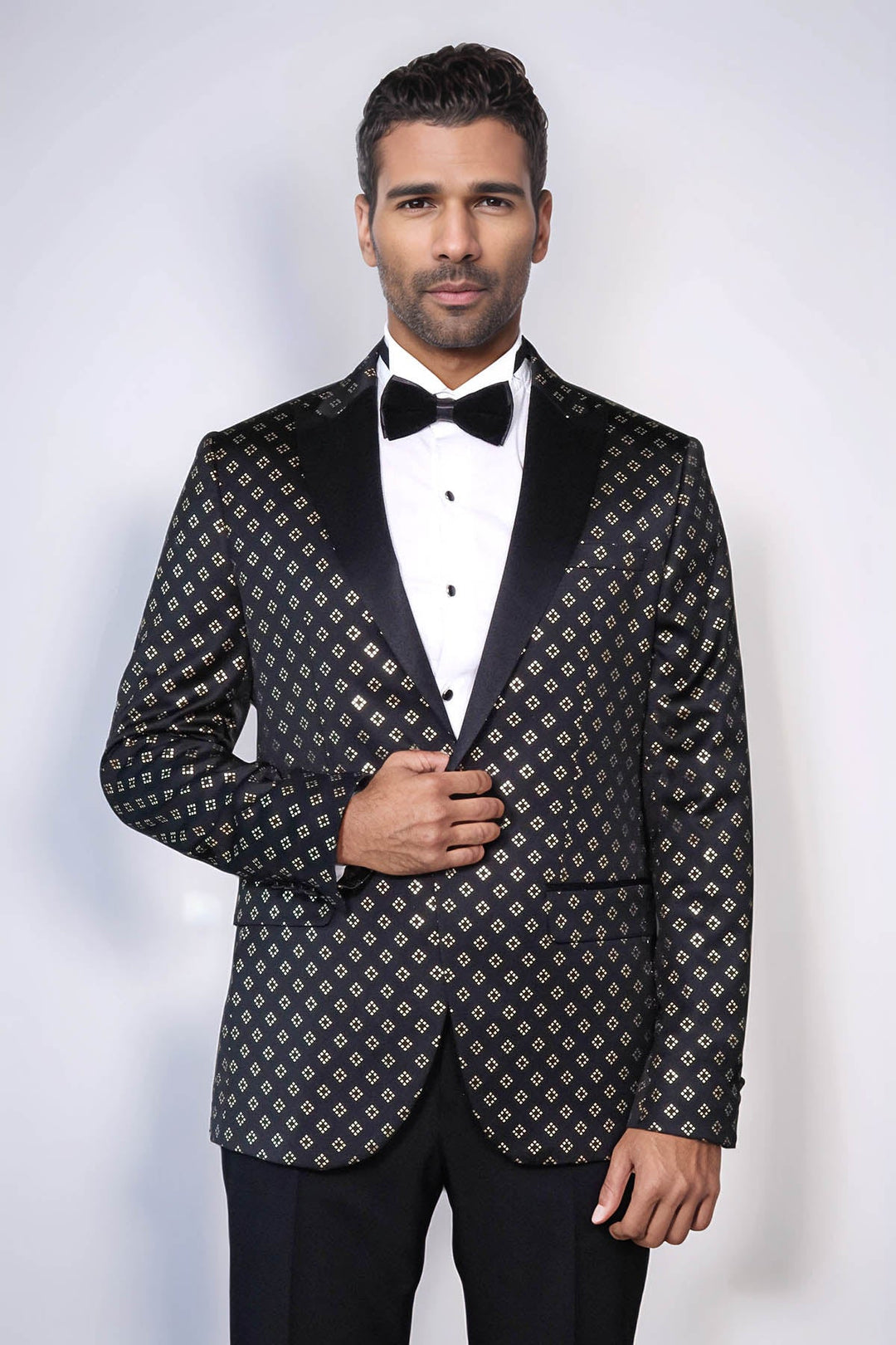 Gold Diamond Pattern Over Black Tuxedo Blazer - Wessi