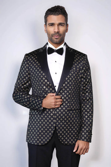 Gold Diamond Pattern Over Black Tuxedo Blazer - Wessi
