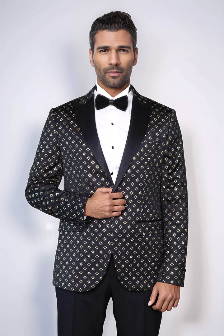 Gold Diamond Pattern Over Black Tuxedo Blazer - Wessi