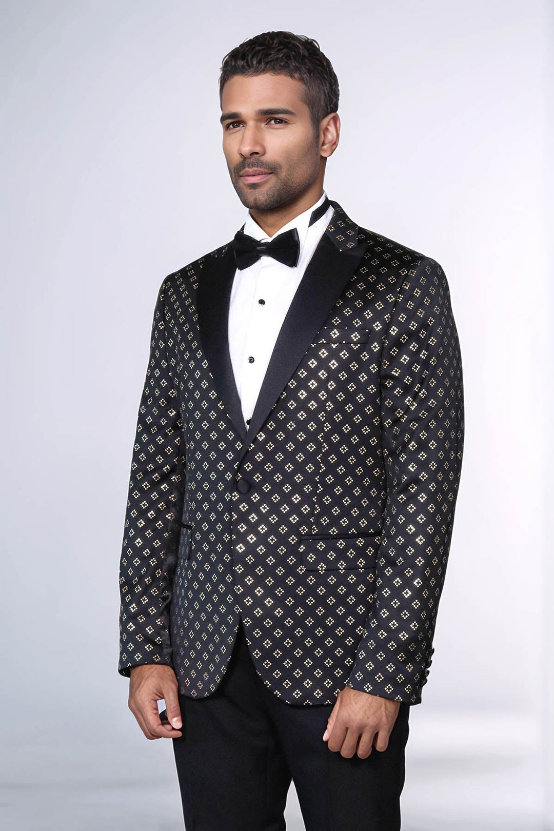Gold Diamond Pattern Over Black Tuxedo Blazer - Wessi