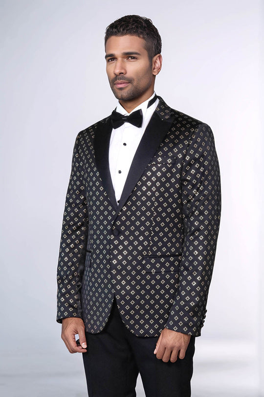 Gold Diamond Pattern Over Black Tuxedo Blazer - Wessi
