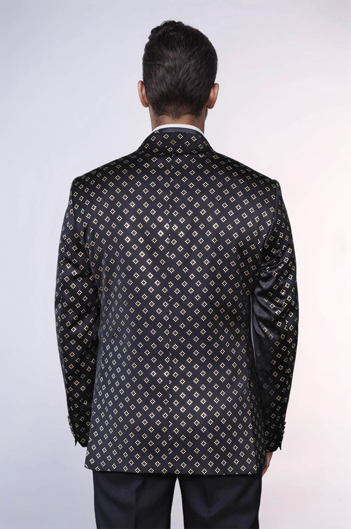 Gold Diamond Pattern Over Black Tuxedo Blazer - Wessi