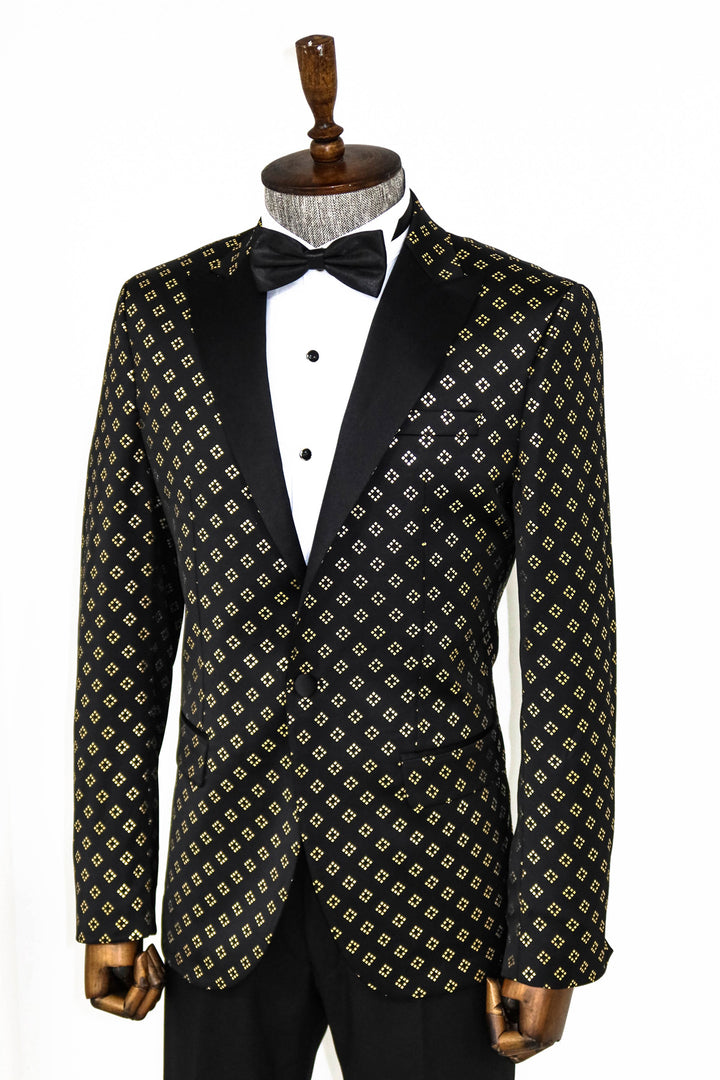 Gold Diamond Pattern Over Black Tuxedo Blazer - Wessi