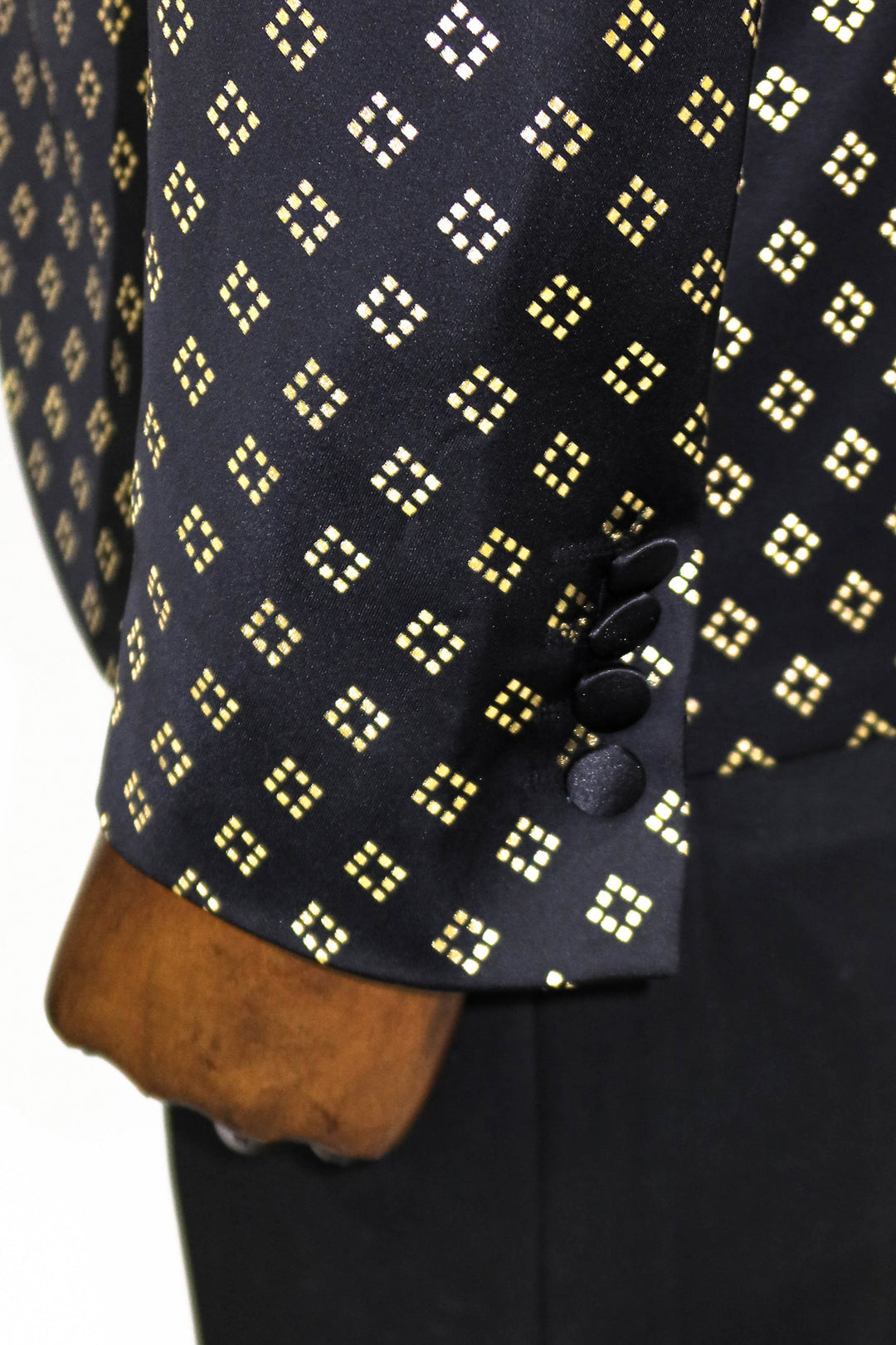Gold Diamond Pattern Over Black Tuxedo Blazer - Wessi