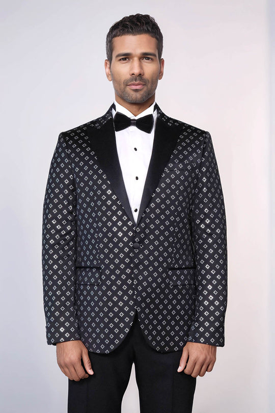 Silver Diamond Pattern Over Black Men Party Tuxedo Blazer - Wessi