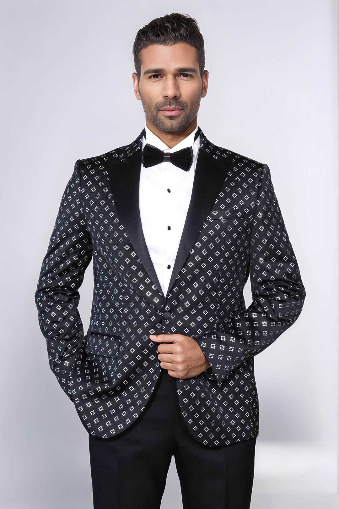 Silver Diamond Pattern Over Black Men Party Tuxedo Blazer - Wessi
