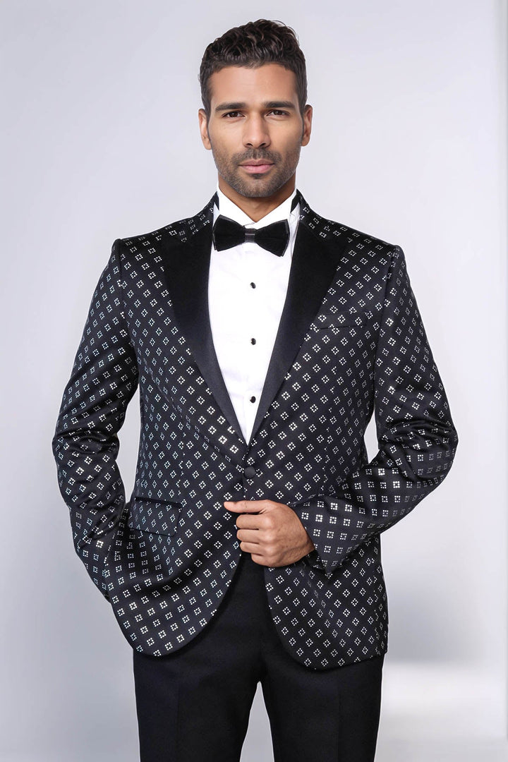 Silver Diamond Pattern Over Black Men Party Tuxedo Blazer - Wessi
