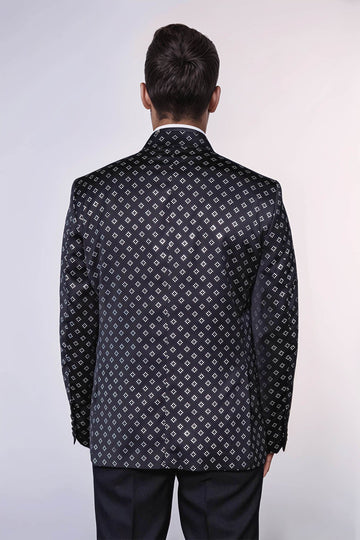 Silver Diamond Pattern Over Black Men Party Tuxedo Blazer - Wessi