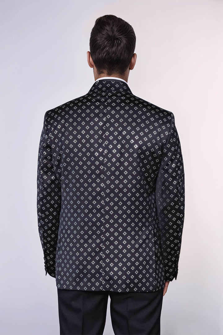Silver Diamond Pattern Over Black Men Party Tuxedo Blazer - Wessi