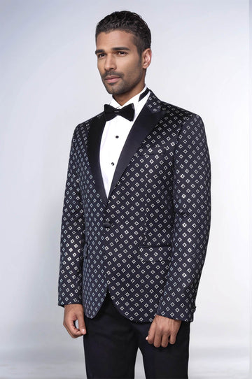 Silver Diamond Pattern Over Black Men Party Tuxedo Blazer - Wessi
