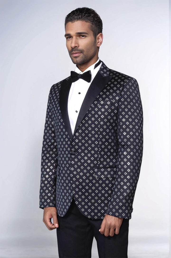 Silver Diamond Pattern Over Black Men Party Tuxedo Blazer - Wessi