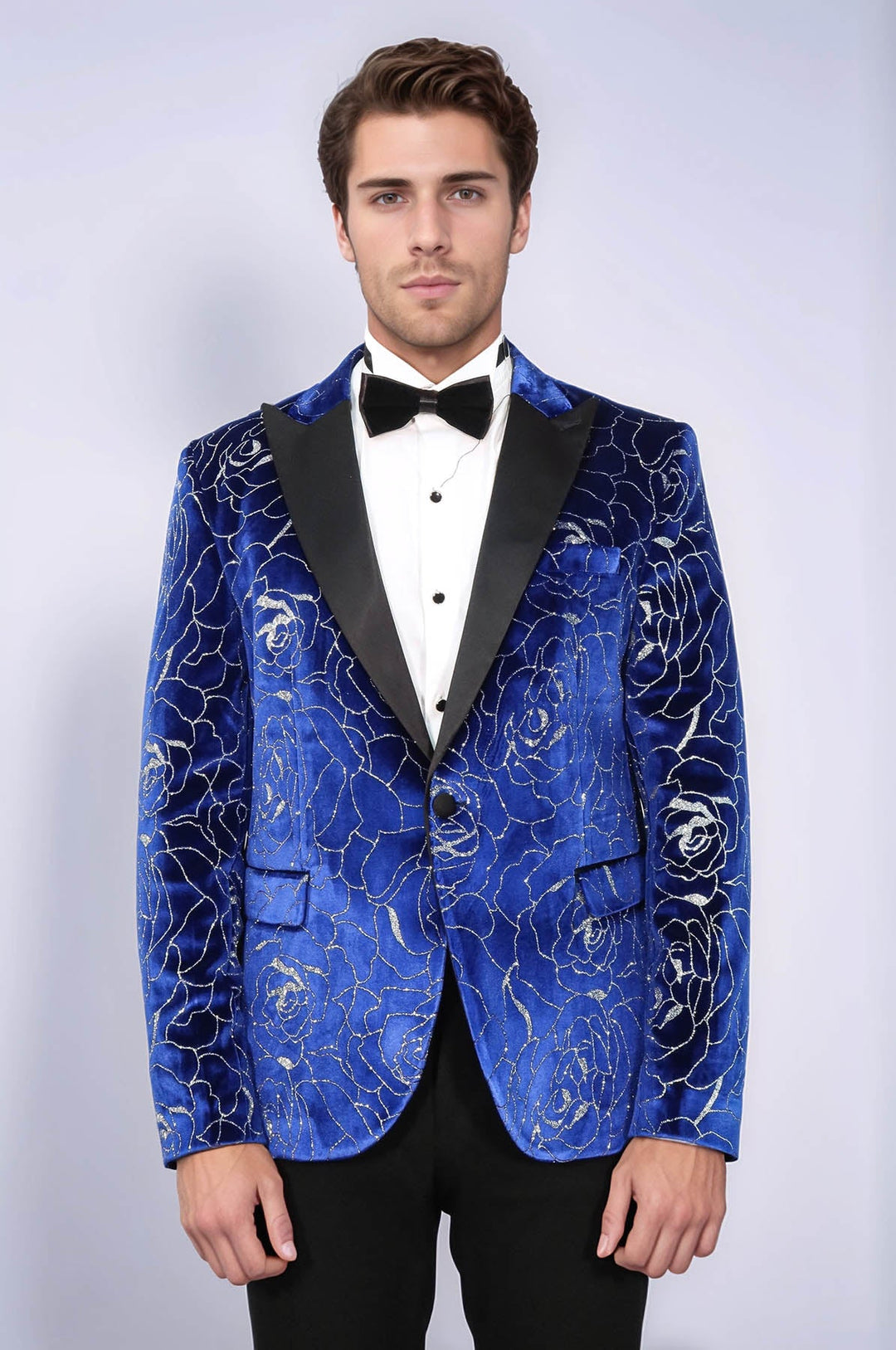 Shimmering  Silver Rose Patterned Over Blue Men Stage Tuxedo  Blazer - Wessi