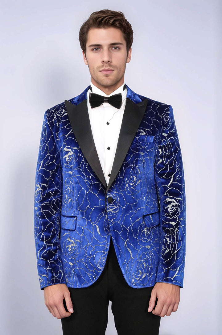Shimmering  Silver Rose Patterned Over Blue Men Stage Tuxedo  Blazer - Wessi