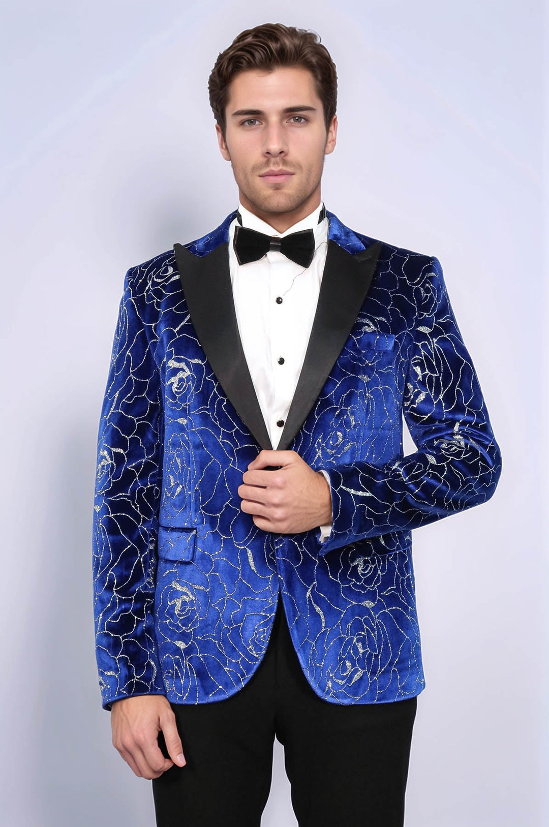 Shimmering  Silver Rose Patterned Over Blue Men Stage Tuxedo  Blazer - Wessi