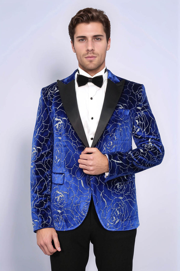 Shimmering  Silver Rose Patterned Over Blue Men Stage Tuxedo  Blazer - Wessi