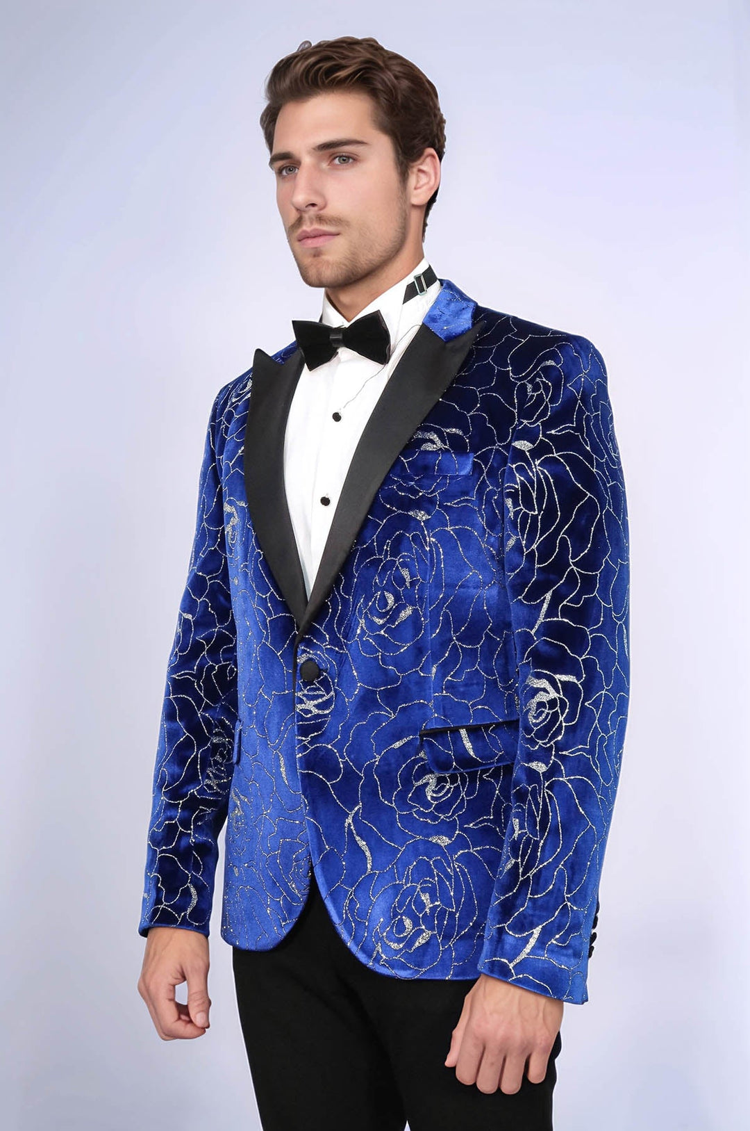 Shimmering  Silver Rose Patterned Over Blue Men Stage Tuxedo  Blazer - Wessi