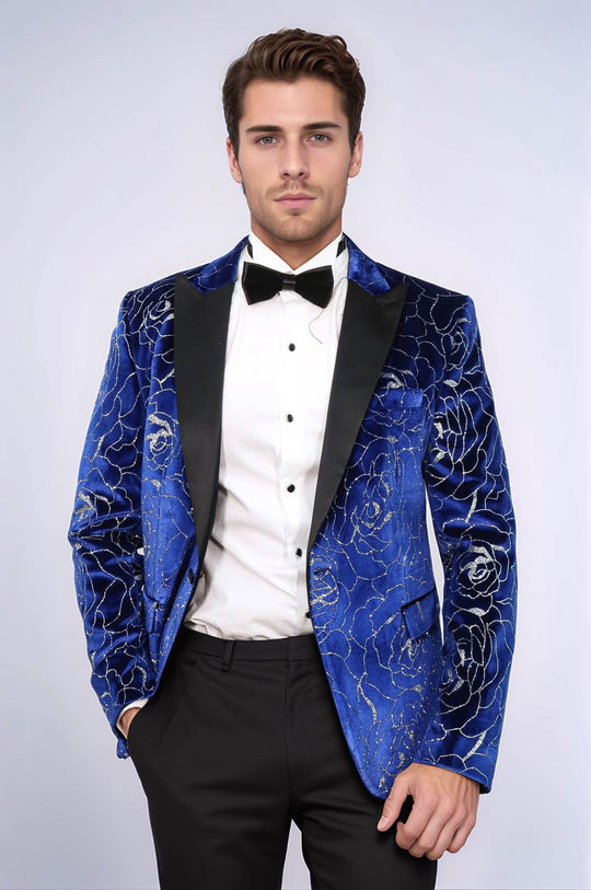 Shimmering Silver Rose Patterned Over Blue Men Stage Tuxedo Blazer | Wessi Wessi - Discover Diversity Shimmering Silver Rose Patterned Over Blue Men Stage Tuxedo Blazer | Wessi Wessi - Discover Diversity