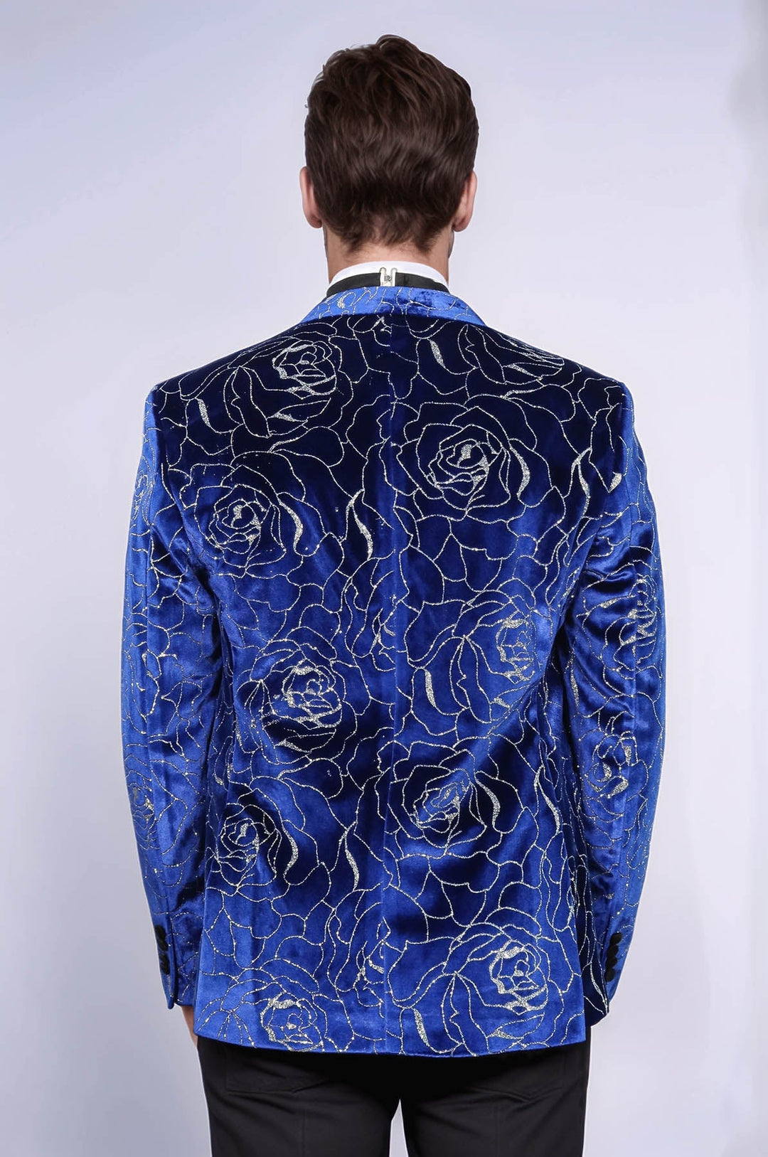 Shimmering  Silver Rose Patterned Over Blue Men Stage Tuxedo  Blazer - Wessi