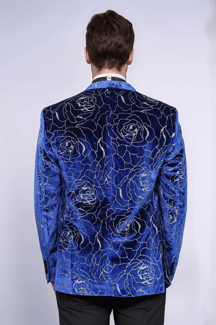 Shimmering  Silver Rose Patterned Over Blue Men Stage Tuxedo  Blazer - Wessi