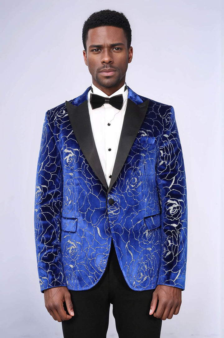 Shimmering  Silver Rose Patterned Over Blue Men Stage Tuxedo  Blazer - Wessi