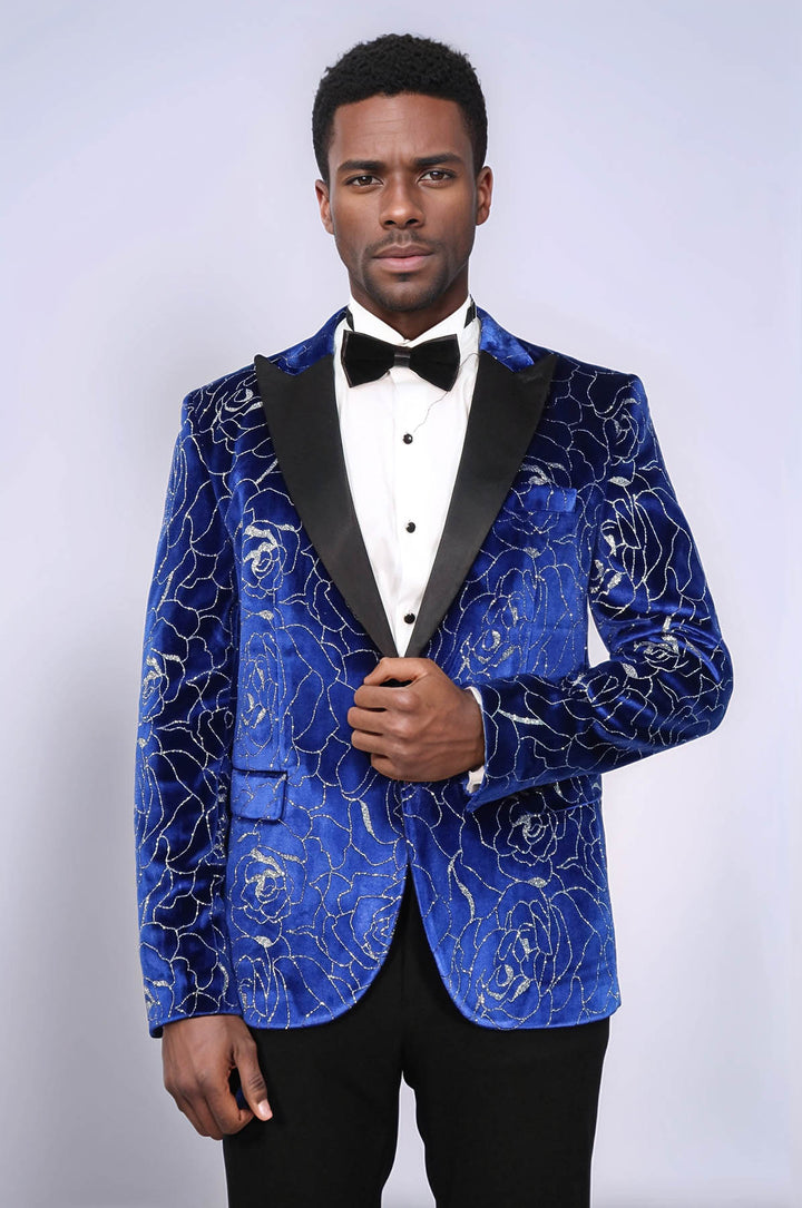 Shimmering  Silver Rose Patterned Over Blue Men Stage Tuxedo  Blazer - Wessi