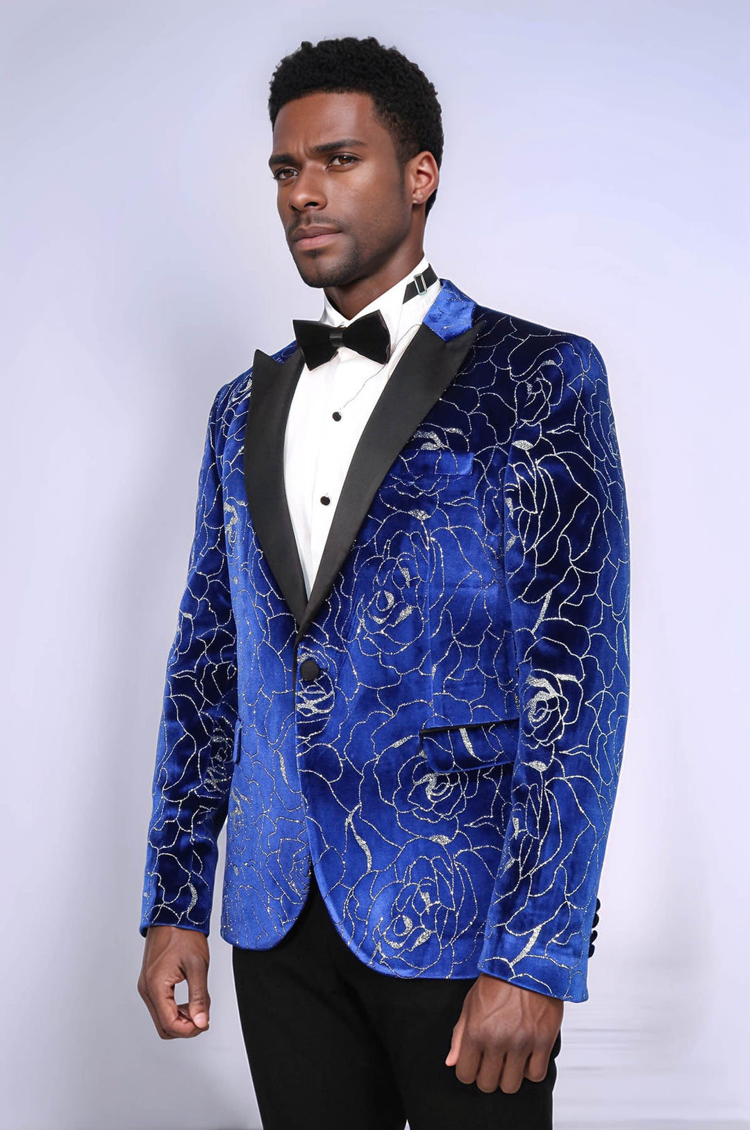 Shimmering  Silver Rose Patterned Over Blue Men Stage Tuxedo  Blazer - Wessi