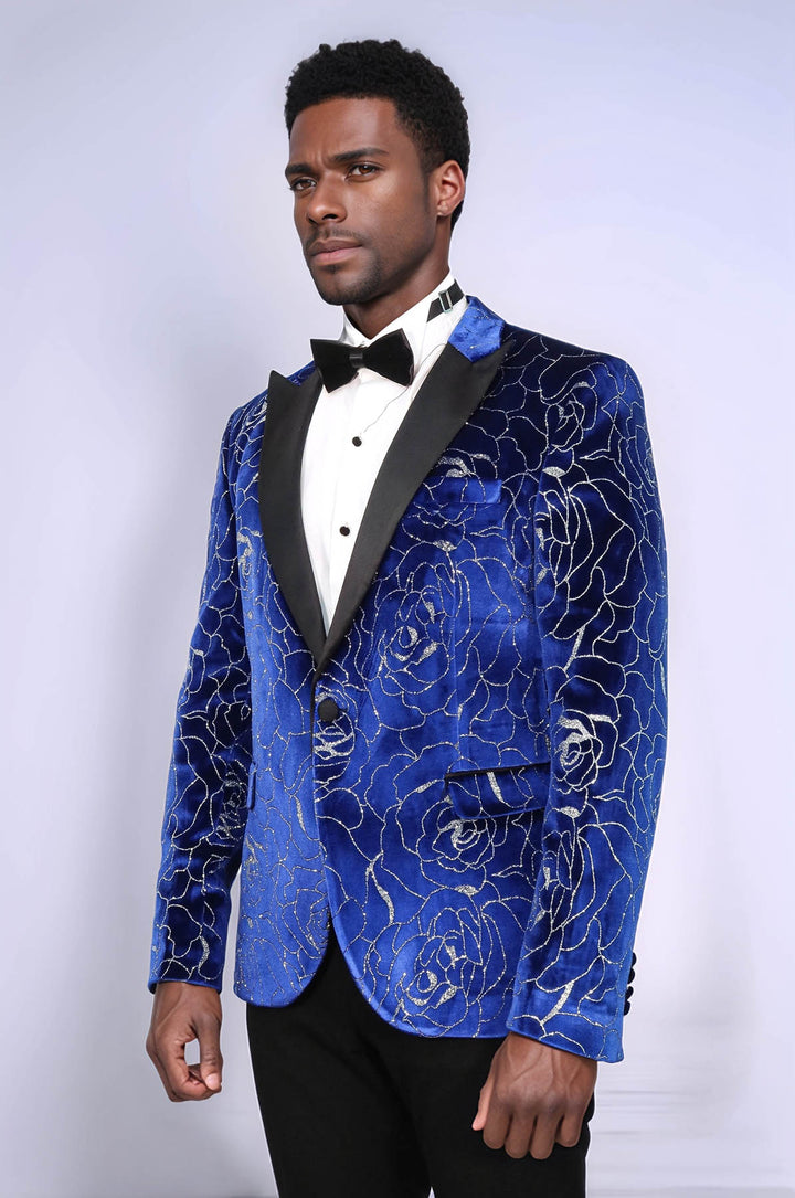 Shimmering  Silver Rose Patterned Over Blue Men Stage Tuxedo  Blazer - Wessi