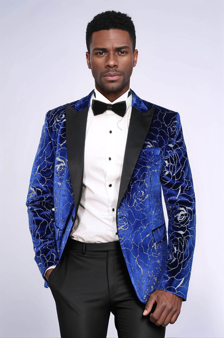 Shimmering  Silver Rose Patterned Over Blue Men Stage Tuxedo  Blazer - Wessi