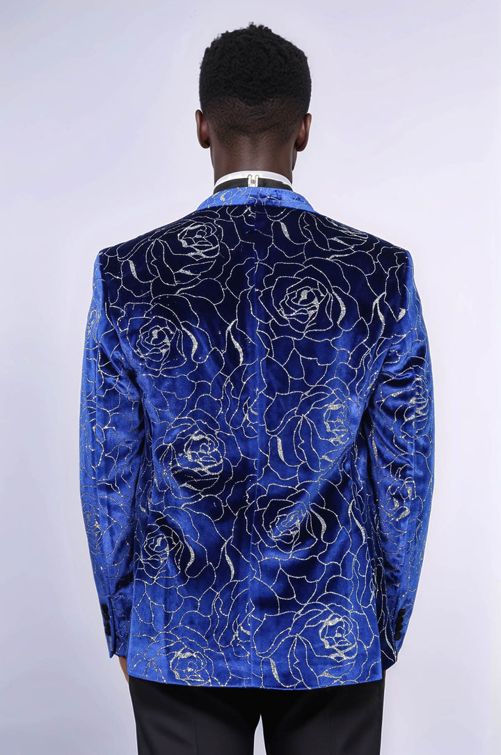 Shimmering  Silver Rose Patterned Over Blue Men Stage Tuxedo  Blazer - Wessi