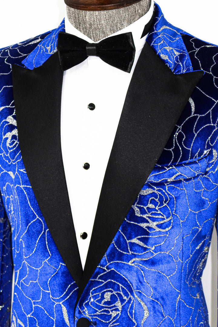 Silver Rose Patterned Over Blue Men Prom Blazer - Wessi