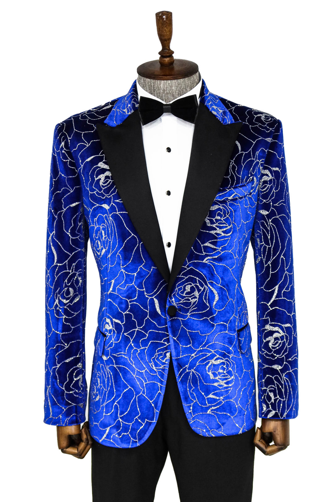 Silver Rose Patterned Over Blue Men Prom Blazer - Wessi
